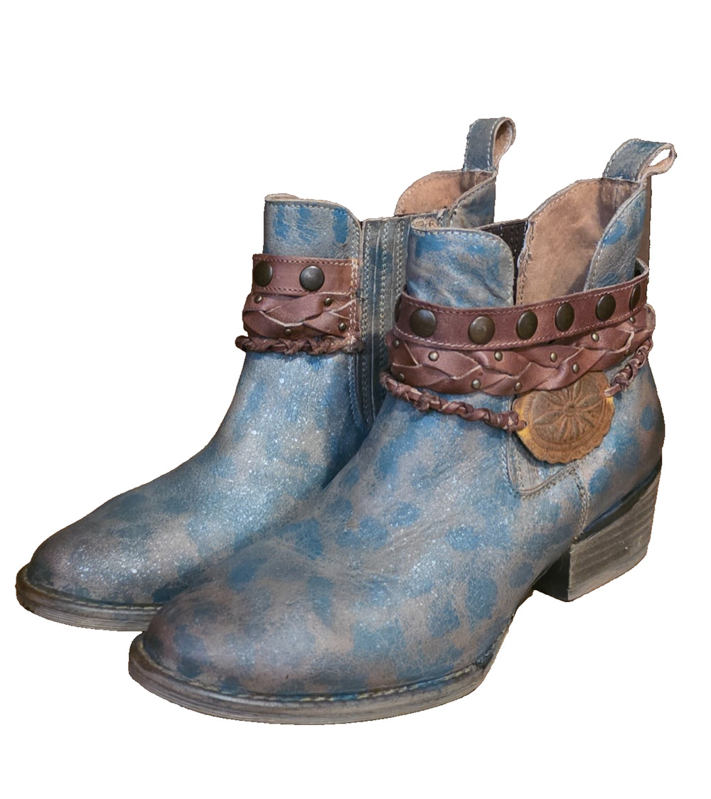 Circle G Boho Ankle Boots Womens 8.5M Blue Leather Western Studded Harness Rodeo